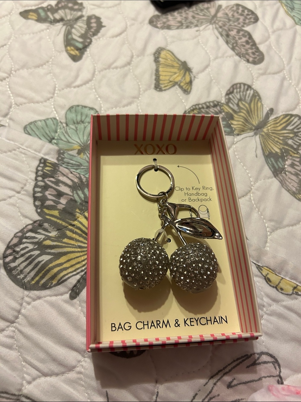 XOXO Silver Crystal Cherry Bag Charm Keychain